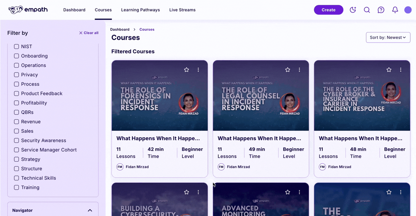 GIF of the Empath platform's cybersecurity courses