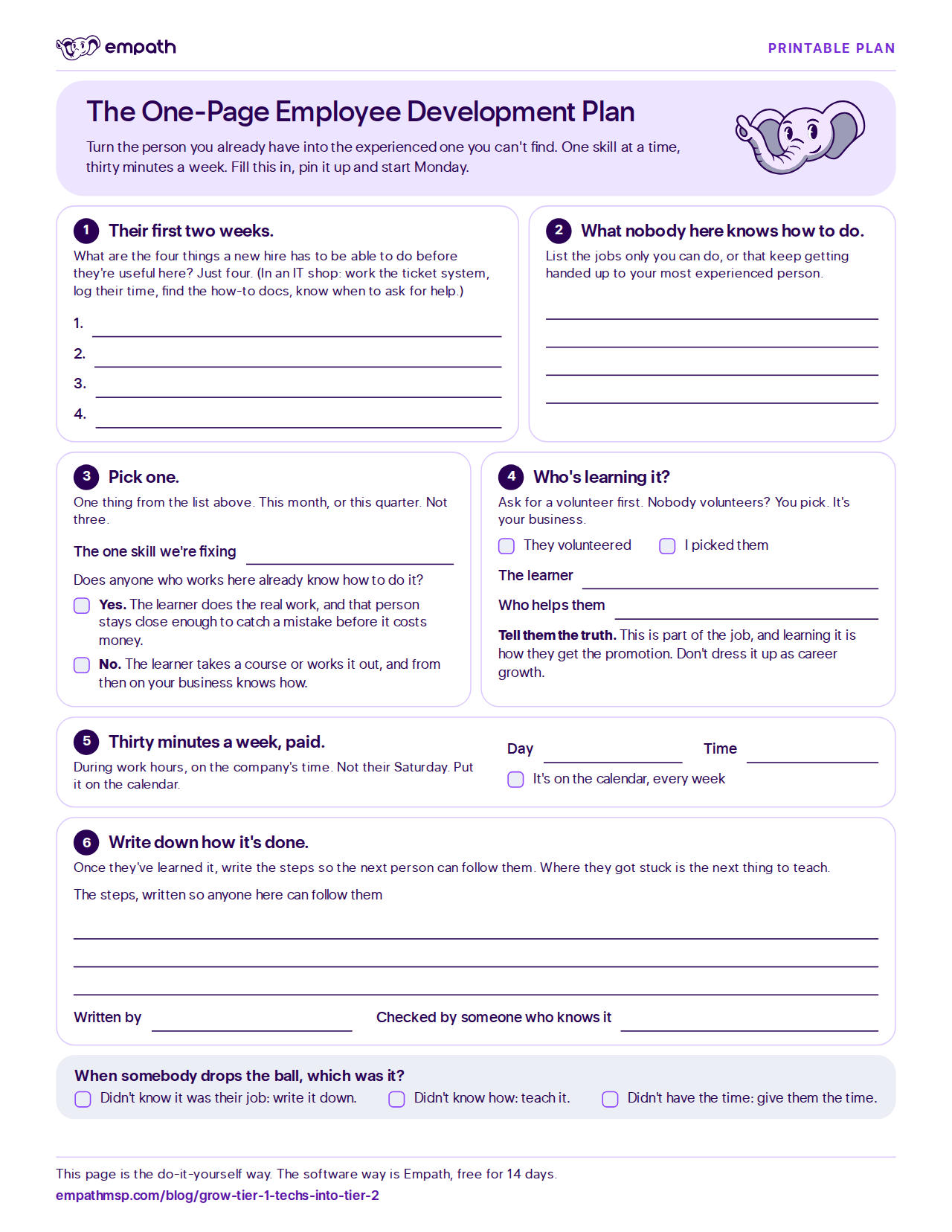 Empath's one-page employee development plan template: six fill-in steps, from a new hire's first two weeks to writing down how it's done