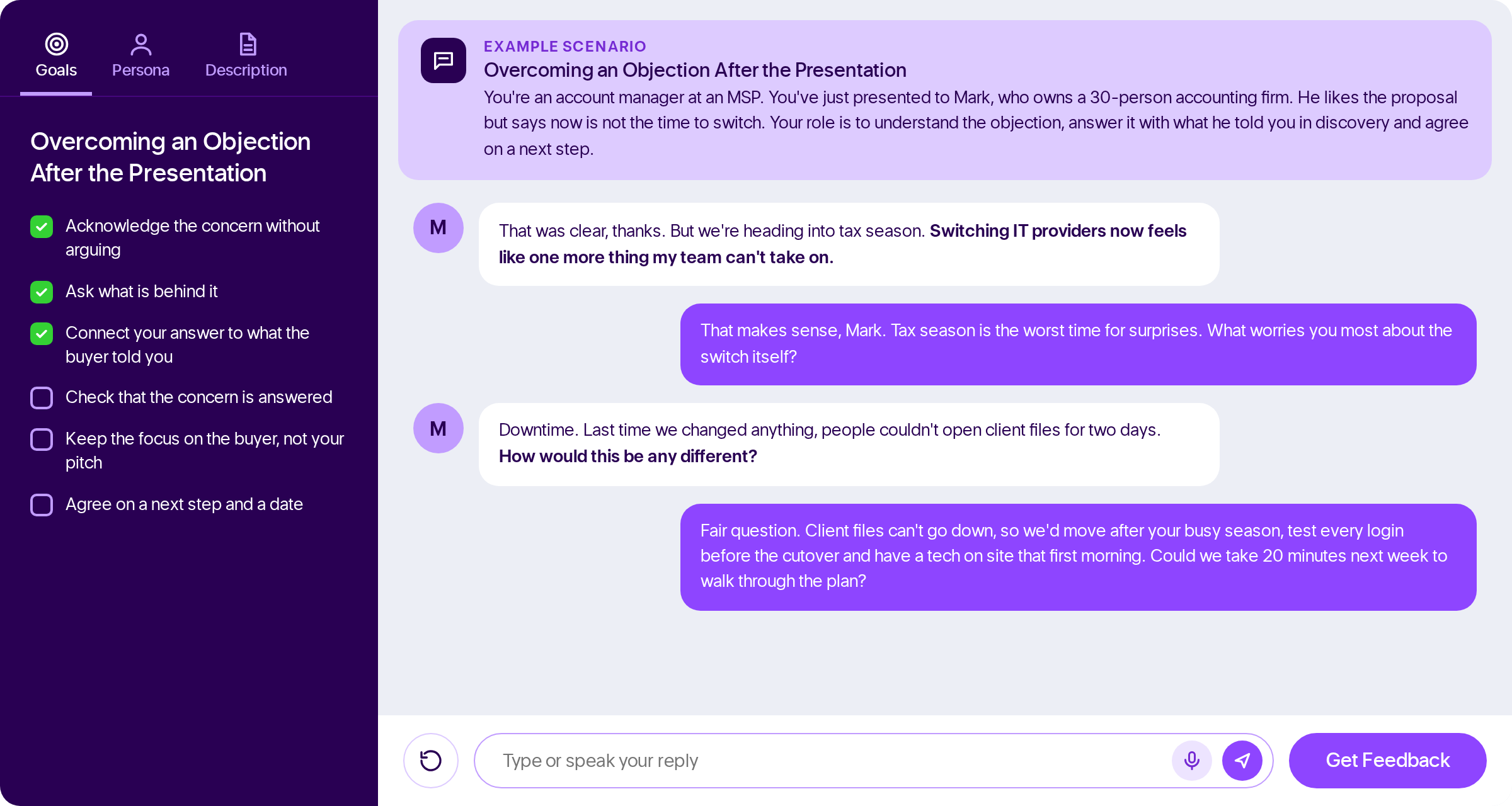 Example AI roleplay screen: after a sales presentation, a prospect named Mark says now is a bad time to switch IT providers, and an account manager asks what worries him most about the switch. A goals checklist sits on the left.