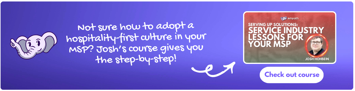 Banner promoting Josh Hohbein's course: Serving Up Solutions: Service Industry Lesson for Your MSP