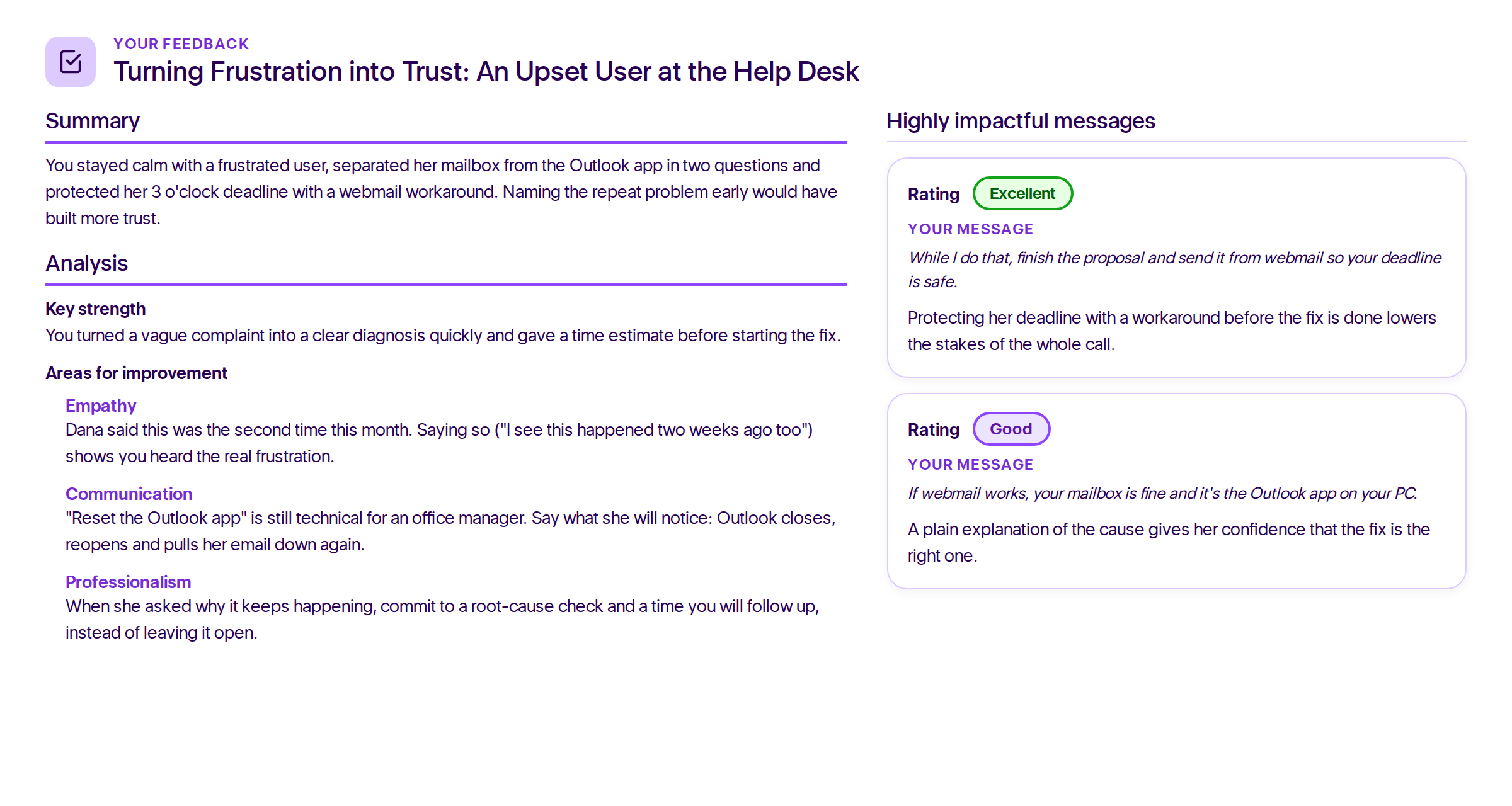 One rated message from the roleplay feedback report, rated Excellent.